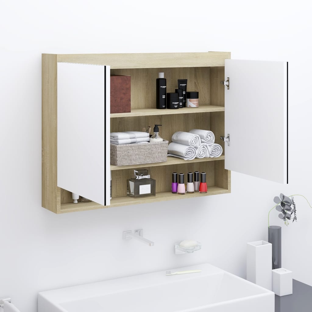 Armadietto Bagno con Specchio 80x15x60cm in MDF Bianco e Rovere 331537