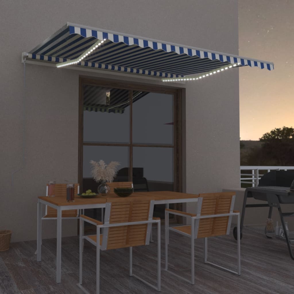 Tenda da Sole Retrattile Manuale con LED 400x300cm Blu e Bianco 3068901