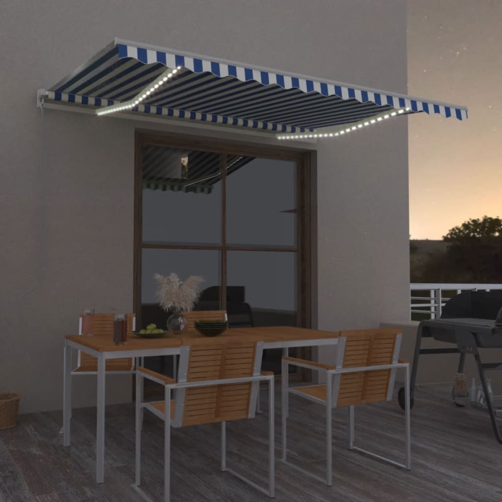 Tenda da Sole Retrattile Manuale con LED 450x350 cm Blu Bianco cod mxl 43874