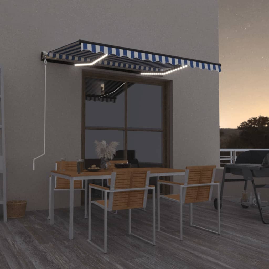 Tenda Automatica con Sensore Vento e LED 350x250 cm Blu Bianca 3069091