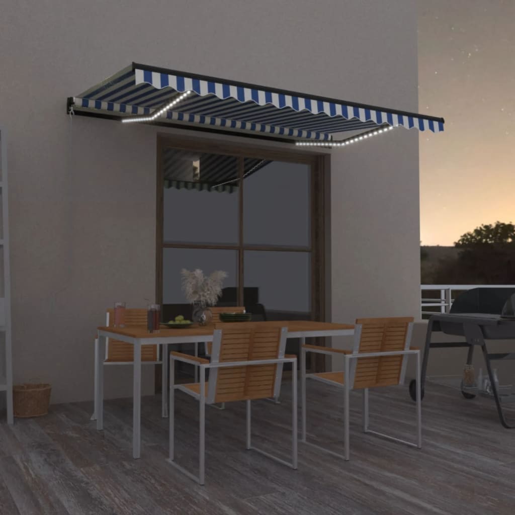 Tenda da Sole Retrattile Manuale con LED 450x300cm Blu e Bianca 3069121