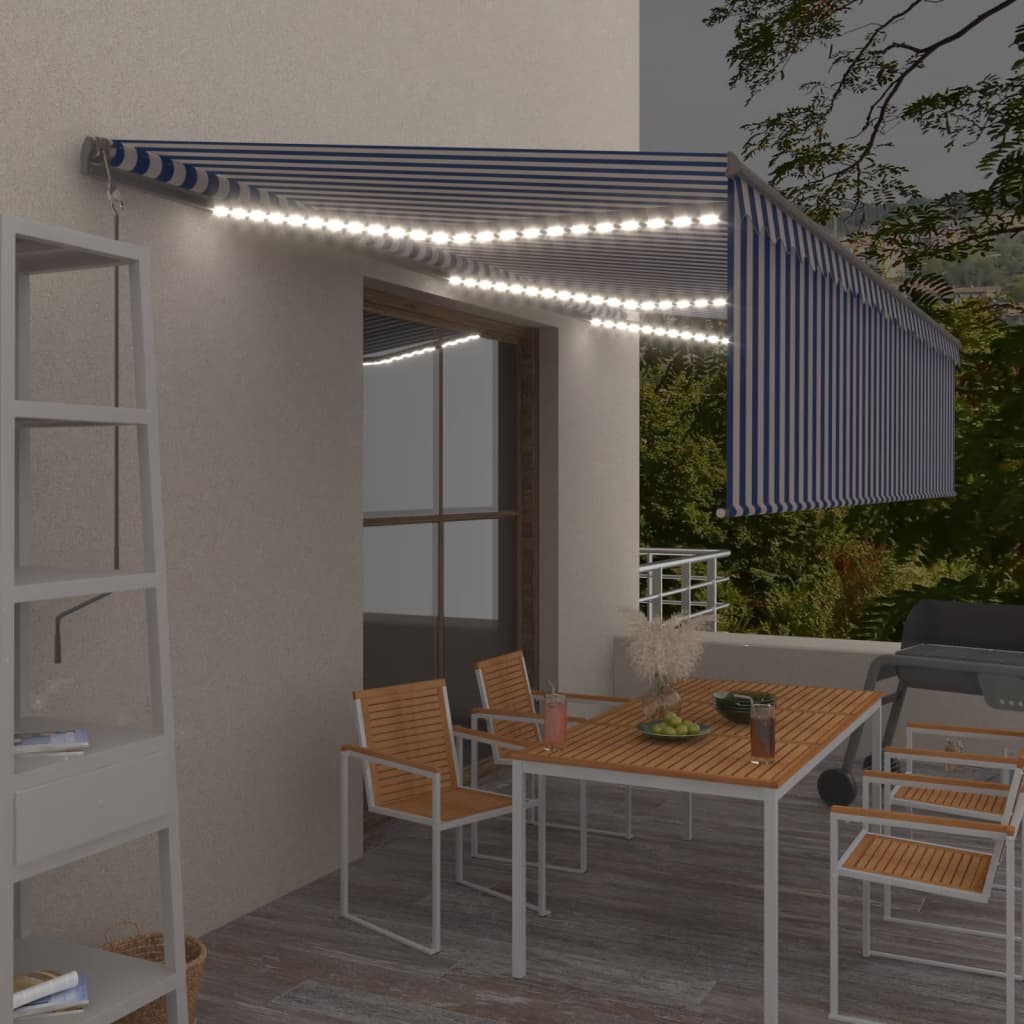 Tenda Automatica Parasole Sensore Vento LED 6x3m Blu Bianca