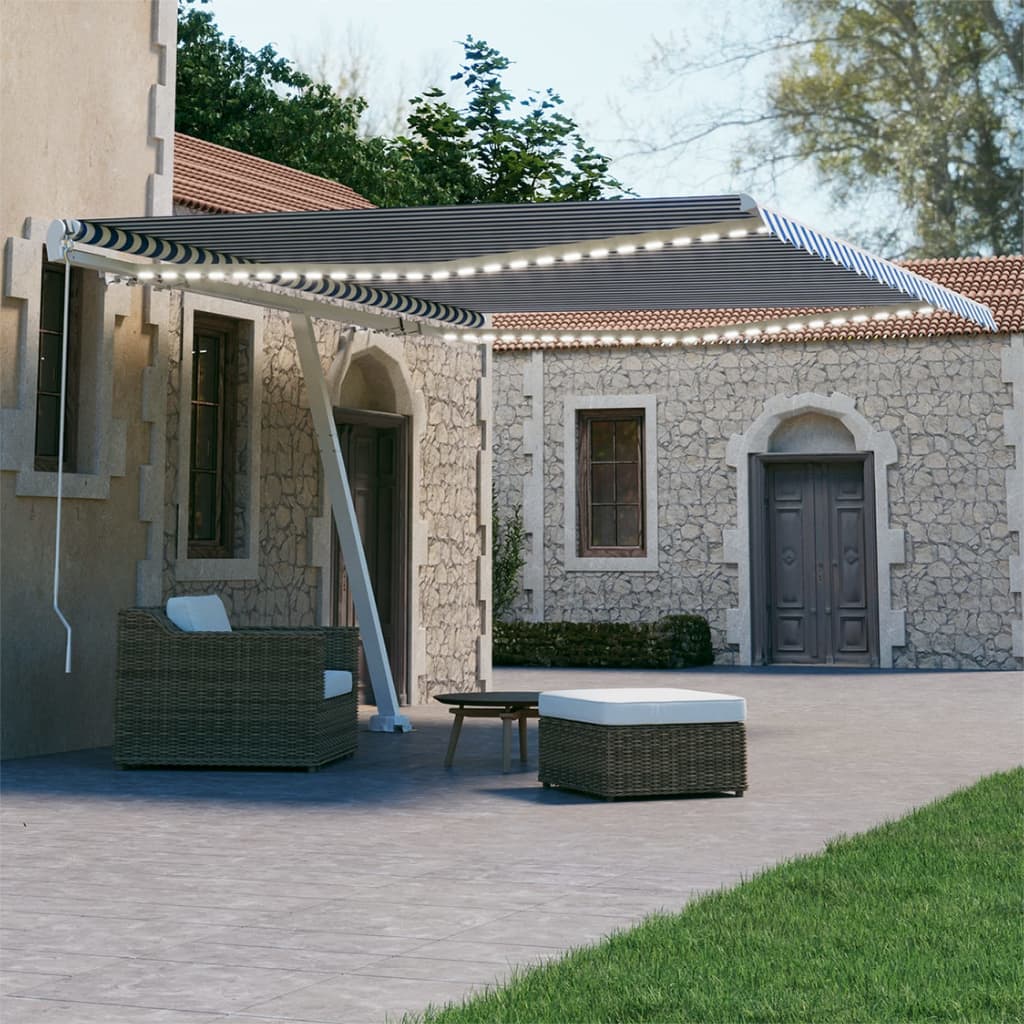 Tenda da Sole Retrattile Manuale con LED 400x300cm Blu e Bianca 3069541