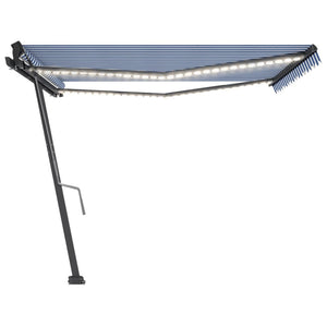 Tenda da Sole Retrattile Manuale con LED 450x350 cm Blu Bianco 3069841