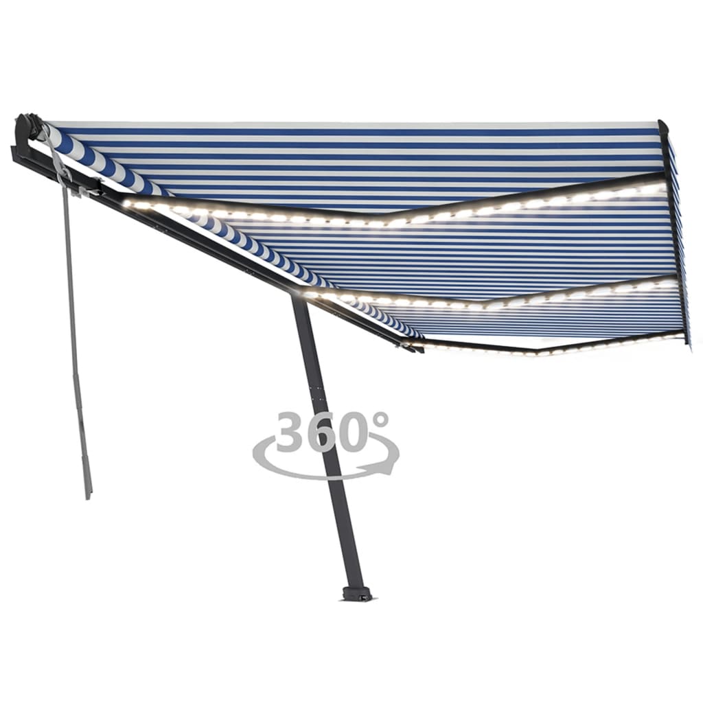 Tenda da Sole Retrattile Manuale con LED 600x350 cm Blu Bianco 3069881