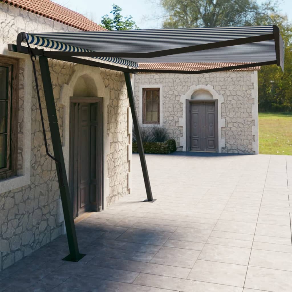 Tenda da Sole Retrattile Manuale con Pali 4x3 m Blu e Bianca 3070136