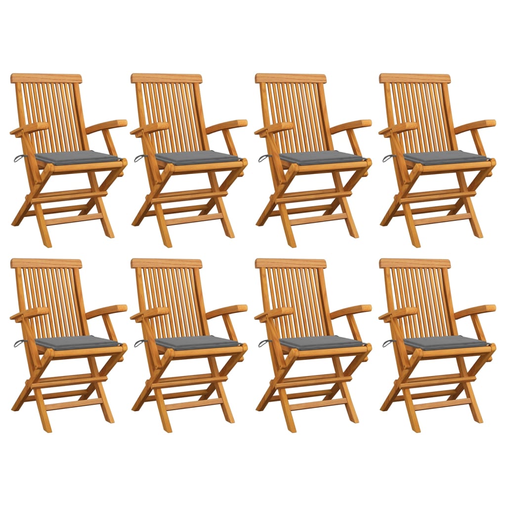 Sedie da Giardino con Cuscini Grigi 8 pz in Massello di Teak 3072890