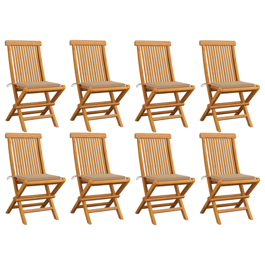 Sedie da Giardino con Cuscini Beige 8 pz in Massello di Teak 3072920