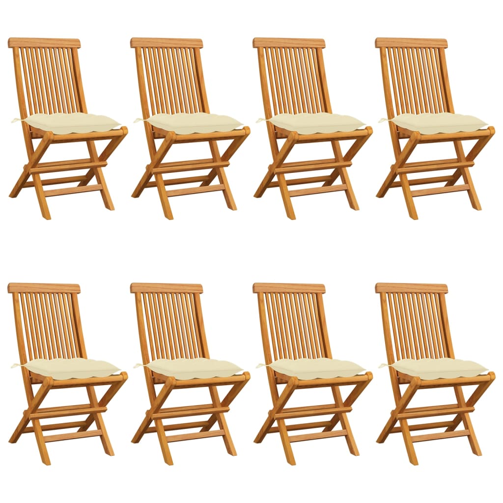 Sedie da Giardino e Cuscini Bianco Crema 8 pz Massello di Teak 3072934