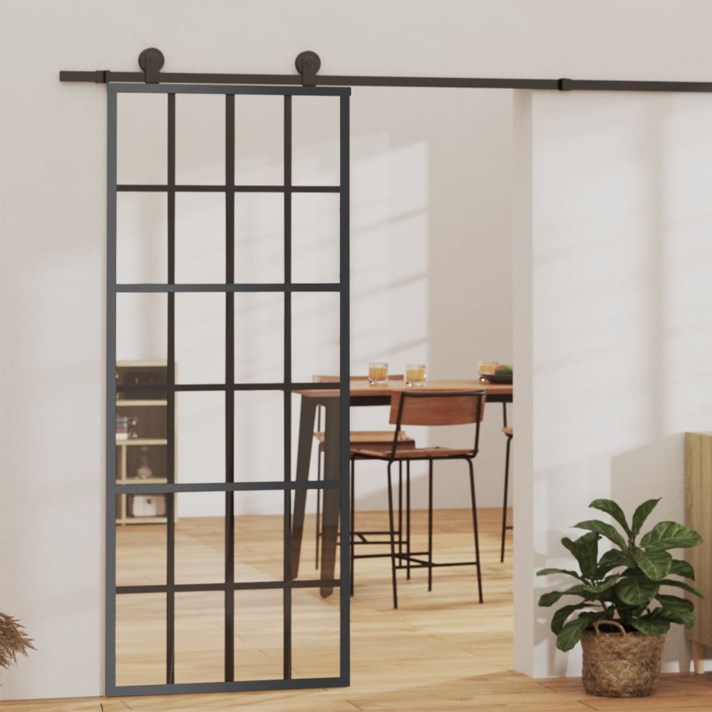 Porta Scorrevole in Vetro ESG e Alluminio 76x205 cm Nera 151020