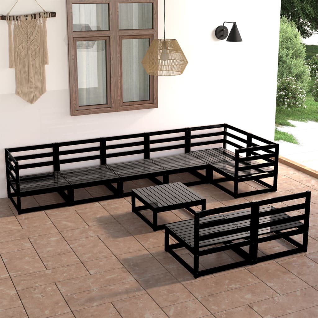 Set Divani da Giardino 9 pz Nero in Legno Massello di Pino 3075623