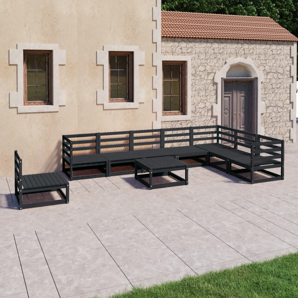 Set Divani da Giardino 9 pz Nero in Legno Massello di Pino 3075783