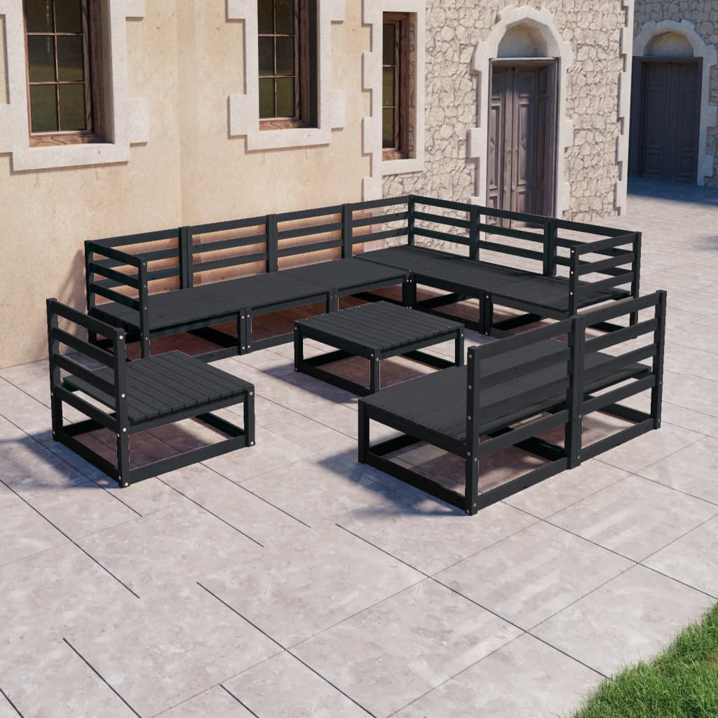 Set Divani da Giardino 10 pz Nero in Legno Massello di Pino cod mxl 37545