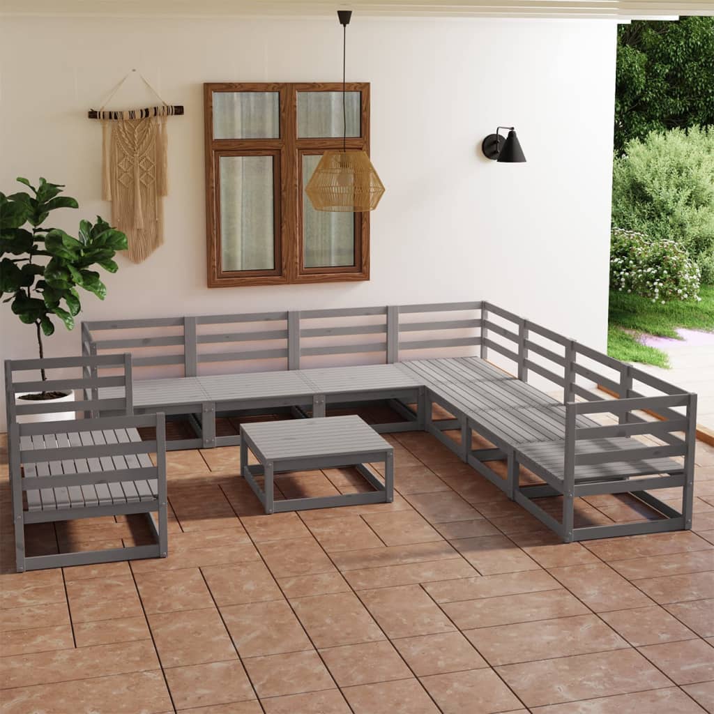 Set Divani da Giardino 10 pz Grigio in Legno Massello di Pino cod mxl 37673