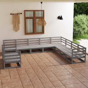 Set Divani da Giardino 10 pz Grigio in Legno Massello di Pino 3075926