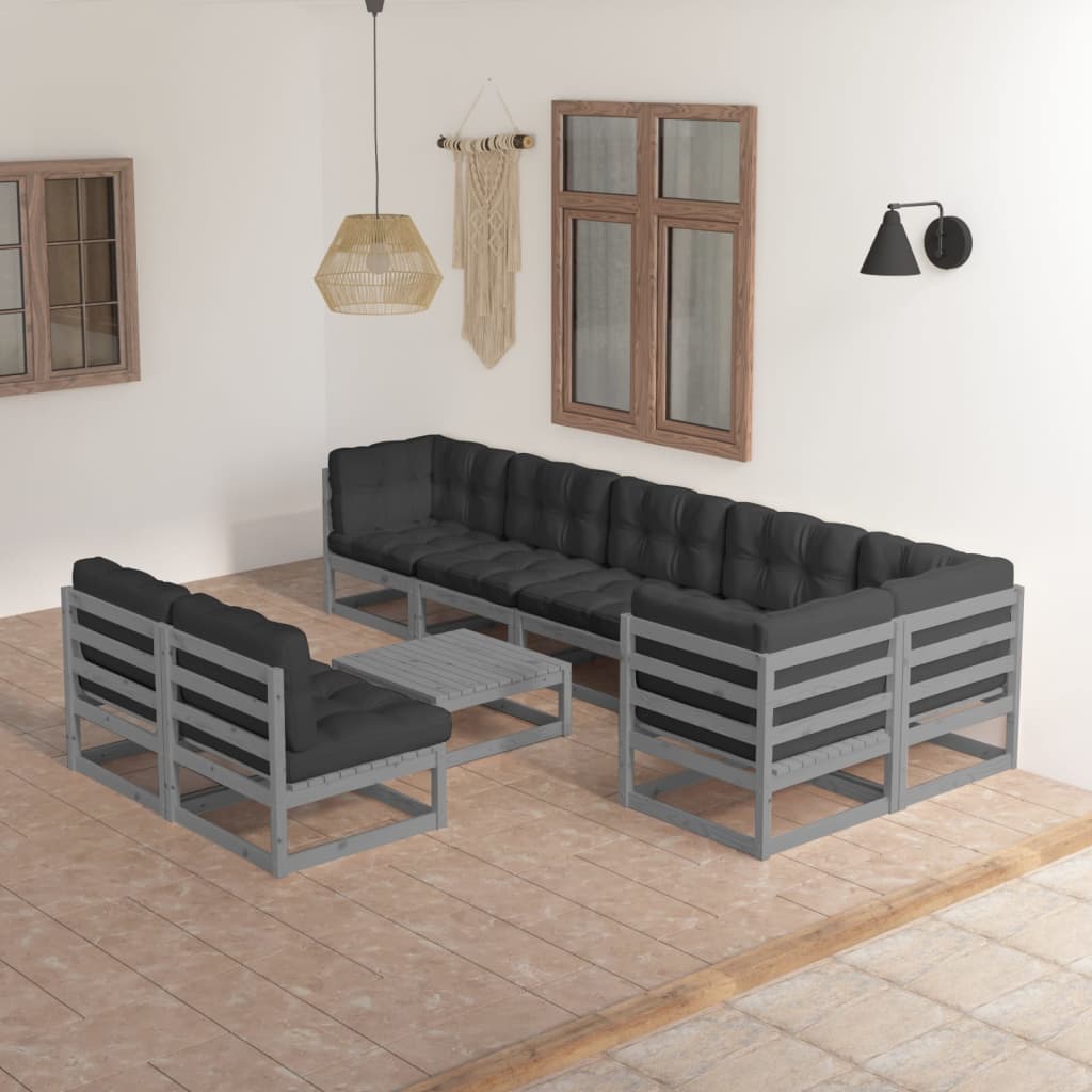 Set Divani da Giardino 9 pz con Cuscini Legno Massello di Pino 3076671