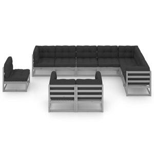 Set Divani da Giardino 10pz con Cuscini Grigio Massello di Pino 3076866