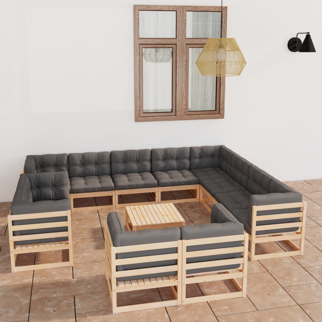 Set Divani da Giardino 13 pz con Cuscini Legno Massello di Pino 3077009