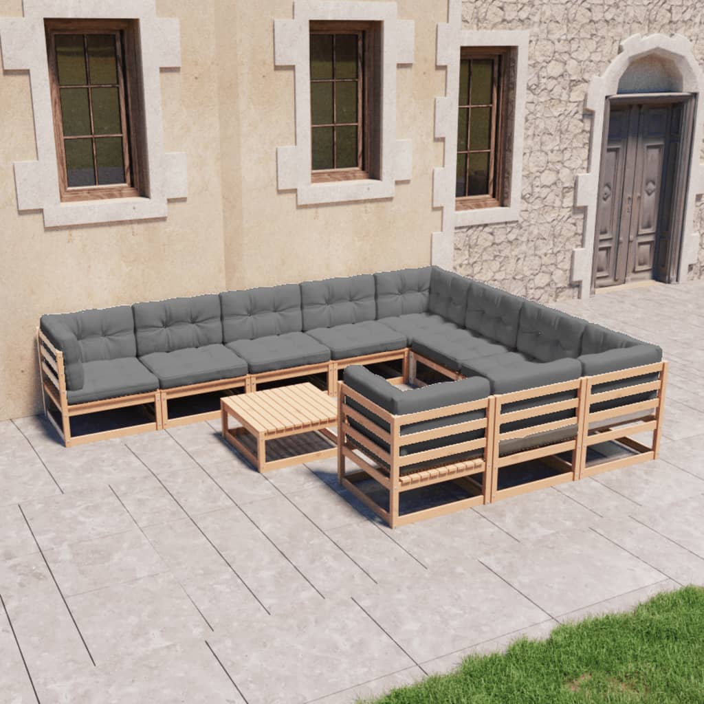 Set Divani da Giardino 11 pz con Cuscini Legno Massello di Pino 3077049