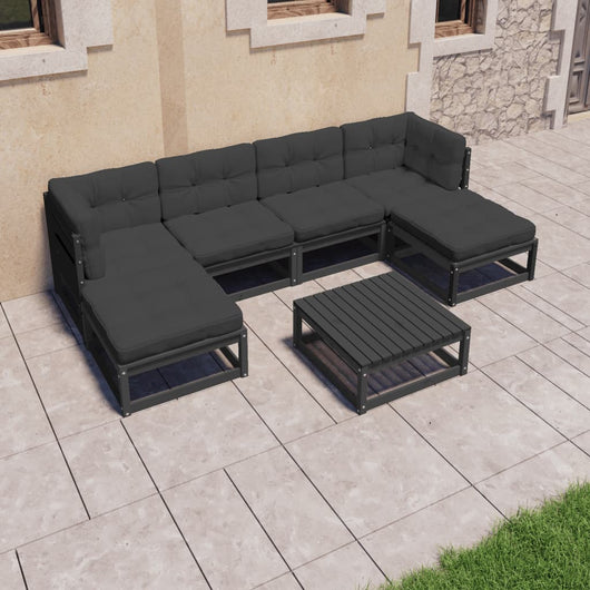 Set Divani da Giardino 7 pz con Cuscini in Pino Massello Nero cod mxl 39819