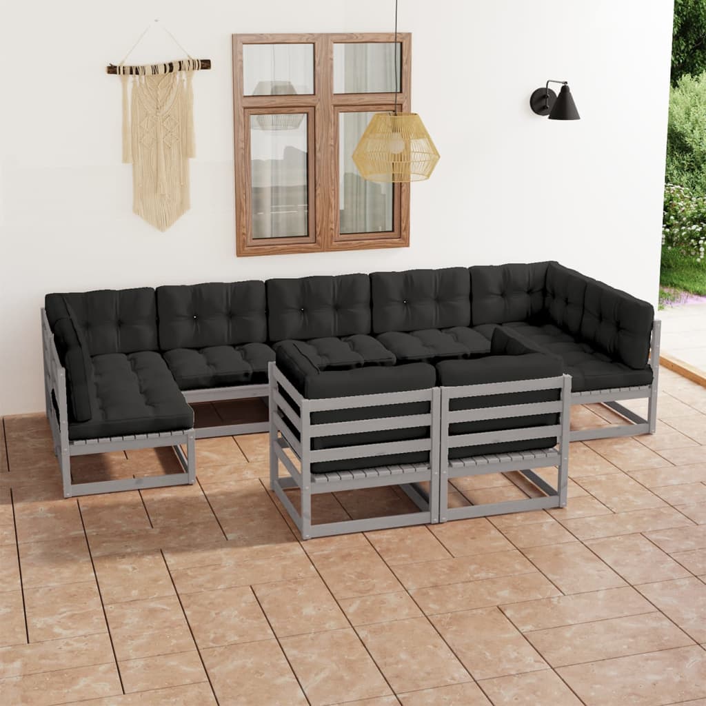 Set Divani da Giardino 9 pz Grigio Cuscini Massello di Pino 3077256