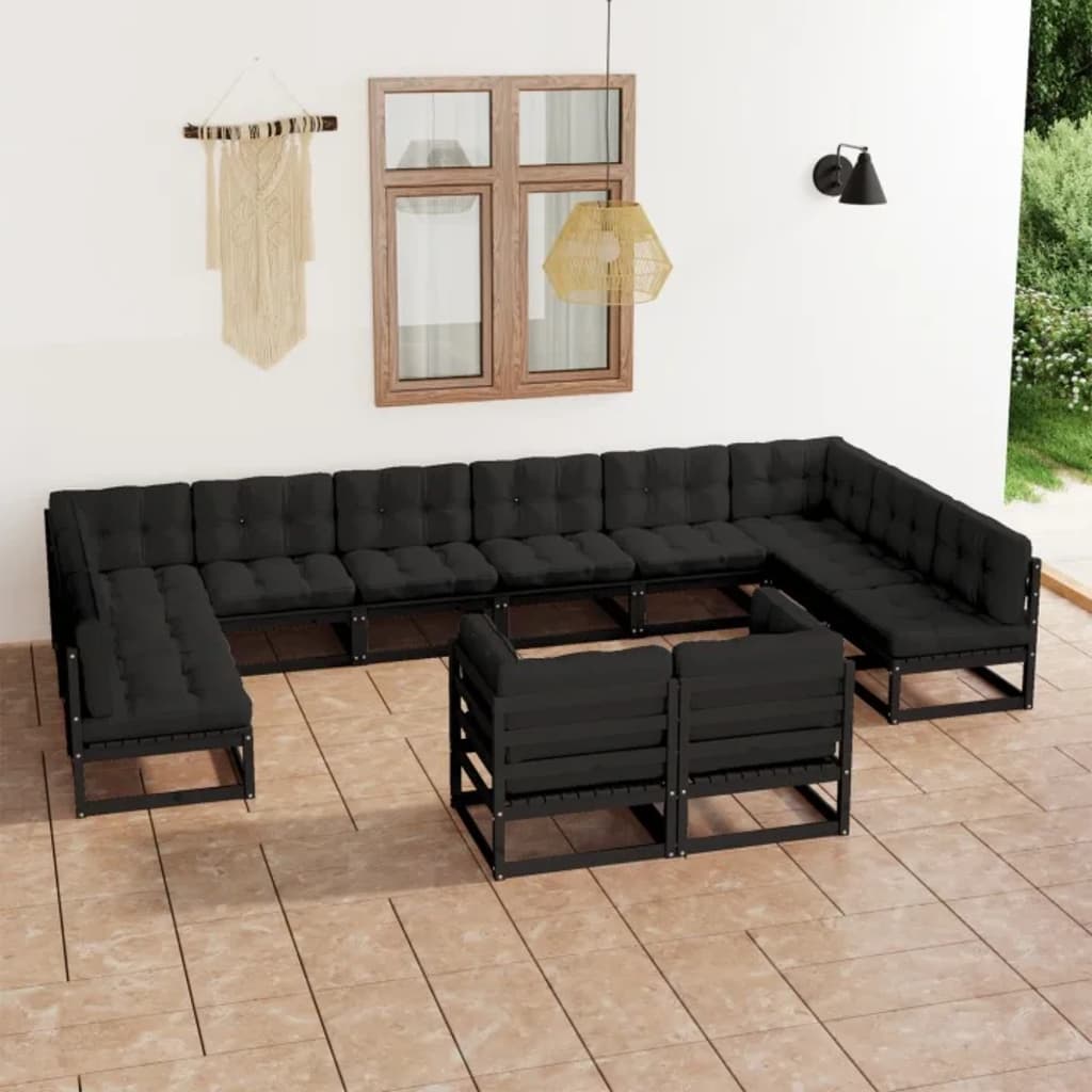 Set Divani da Giardino 12 pz con Cuscini Massello di Pino Nero 3077278