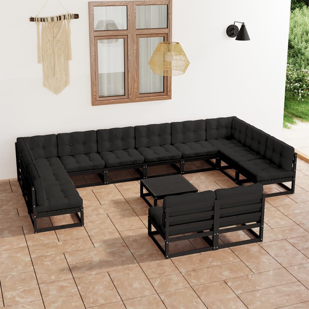 Set Divani da Giardino 13 pz con Cuscini Massello di Pino Nero 3077283