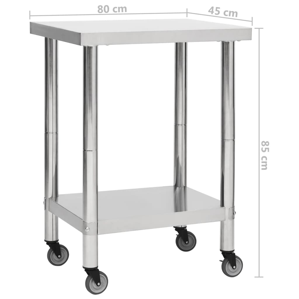 Tavolo da Lavoro Cucina con Ruote 80x45x85 cm in Acciaio Inox 51635