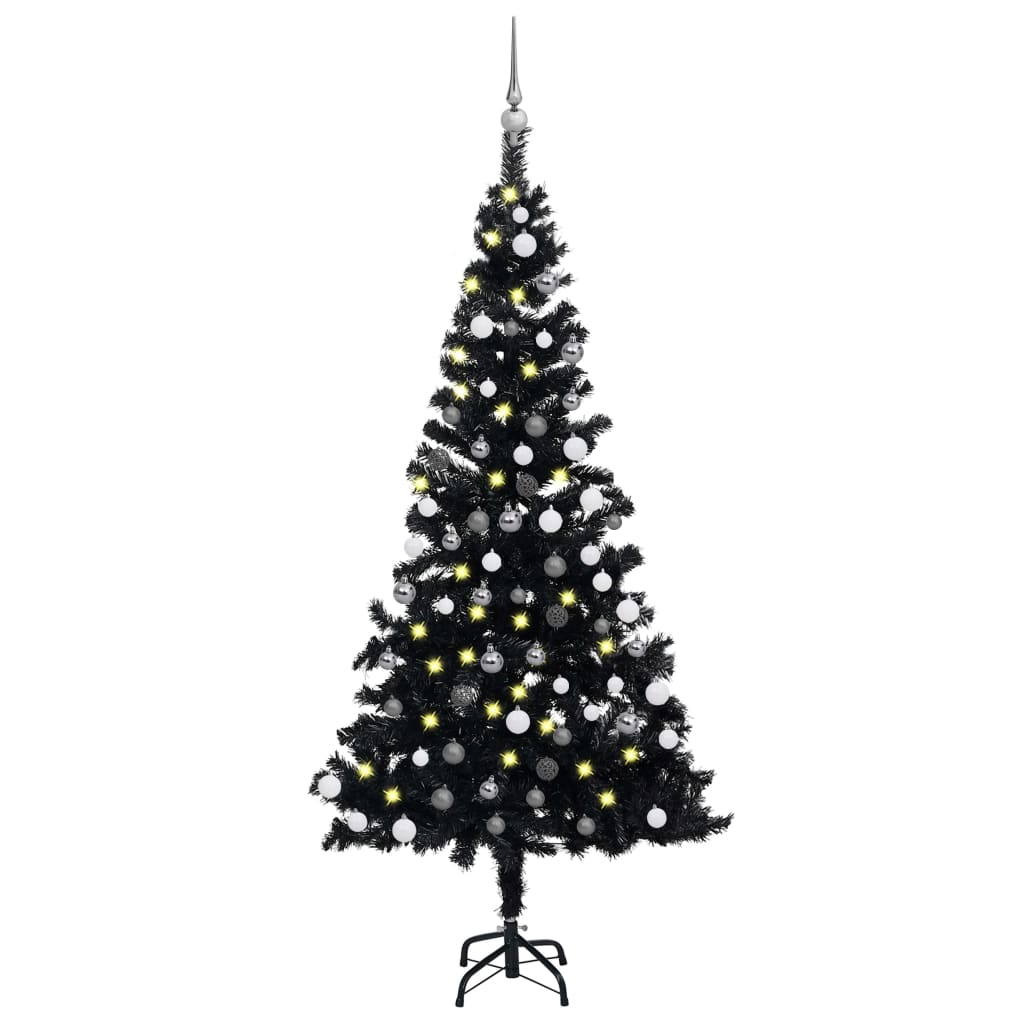 Set Albero Natale Artificiale con LED Palline Nero 150 cm PVC 3077675