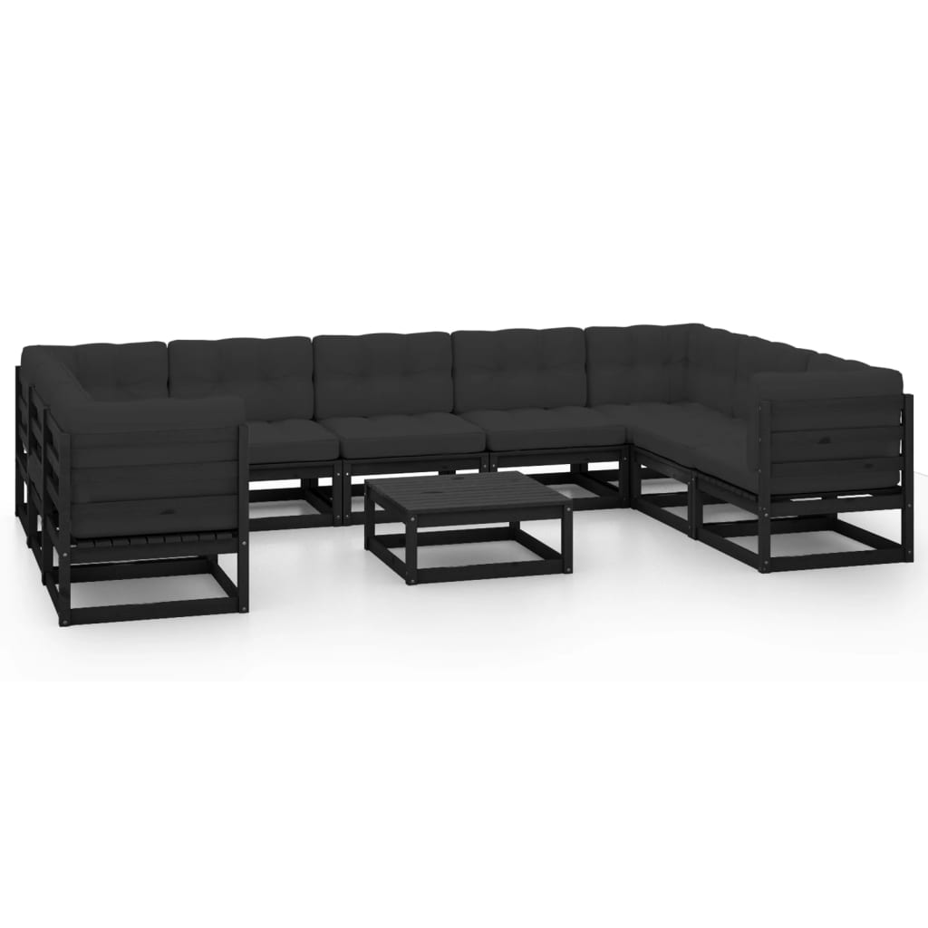 Set Divani da Giardino 10 pz con Cuscini in Pino Massello Nero 3078148