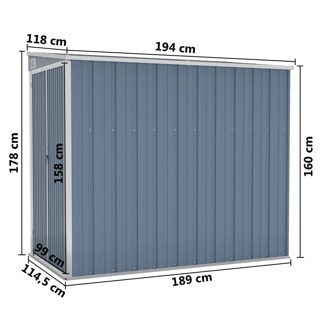 Capanno Giardino a Parete Grigio 118x194x178 cm Acciaio Zincato