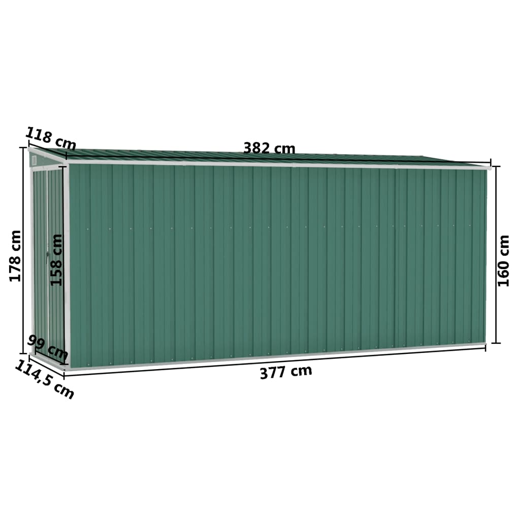 Capanno Giardino a Parete Verde 118x382x178 cm Acciaio Zincato 316229