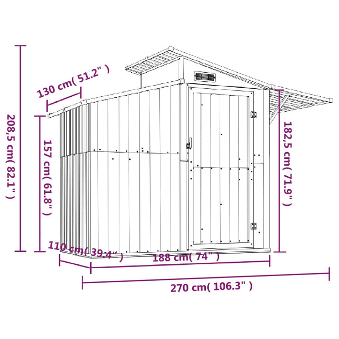 Capanno da Giardino Grigio 270x130x208,5 cm Acciaio Zincato 316243