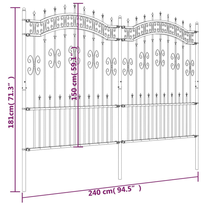 Recinzione da Giardino con Punta a Lancia Nera 190cm Acciaio 151087