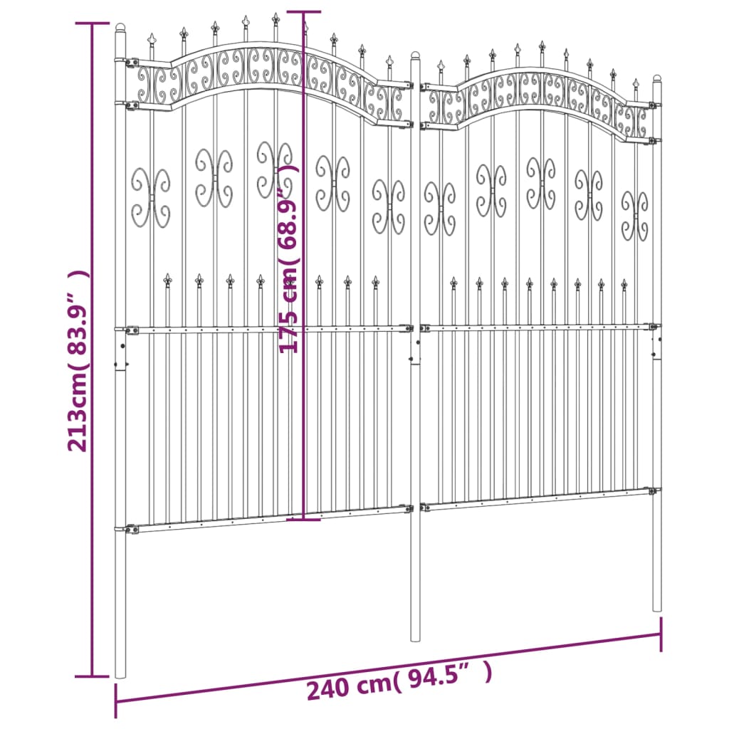 Recinzione da Giardino con Punta a Lancia Nera 222cm Acciaio 151088