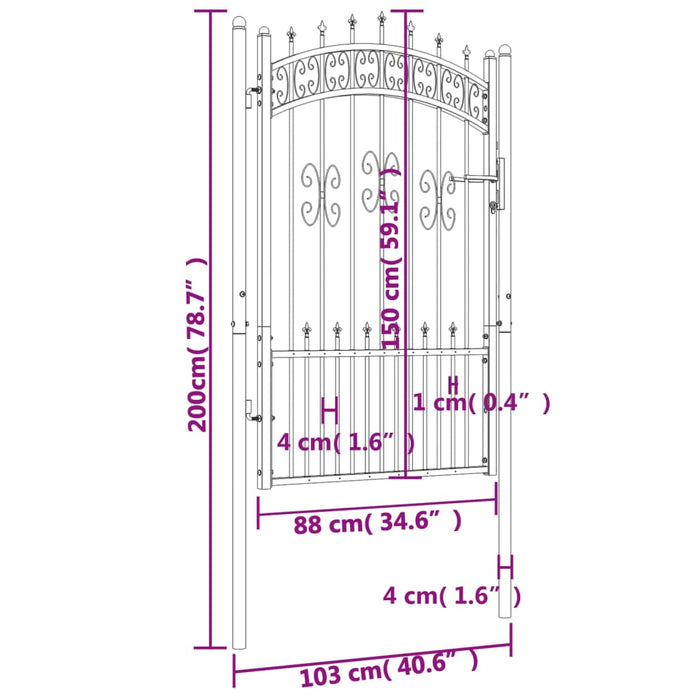 Recinzione Cancello con Punta a Lancia Nera 103x200cm Acciaio cod mxl 42303