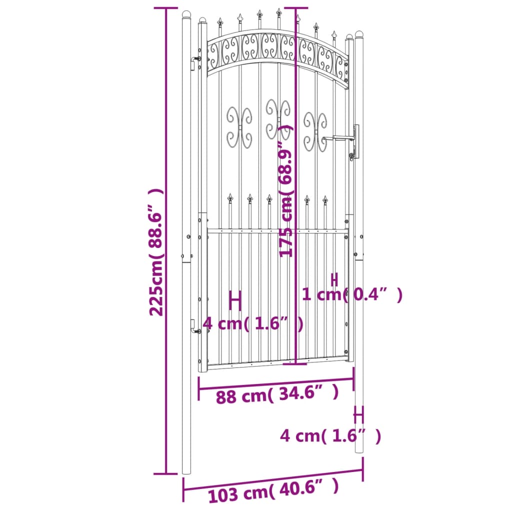 Recinzione Cancello con Punta a Lancia Nera 103x225cm Acciaio cod mxl 46974