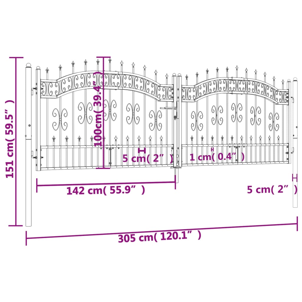 Recinzione Cancello con Punta a Lancia Nera 305x151cm Acciaio cod mxl 53177