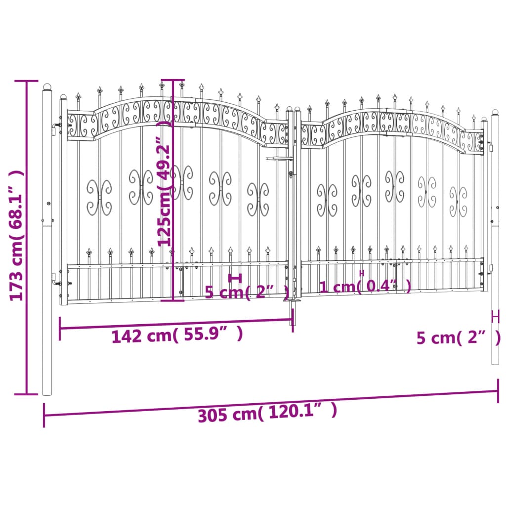 Recinzione Cancello con Punta a Lancia Nera 305x173cm Acciaio 151096