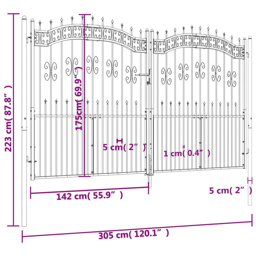 Recinzione Cancello con Punta a Lancia Nera 305x223cm Acciaio cod mxl 42311