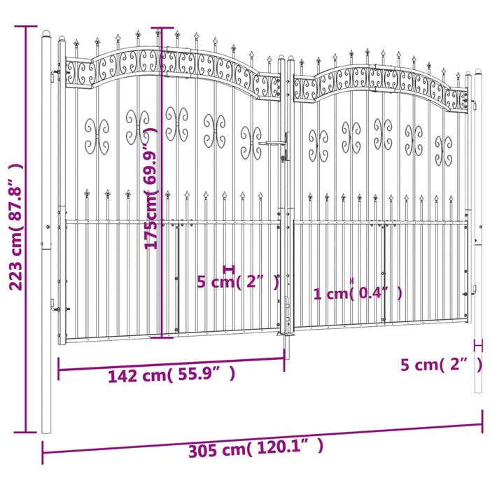 Recinzione Cancello con Punta a Lancia Nera 305x223cm Acciaio cod mxl 42311