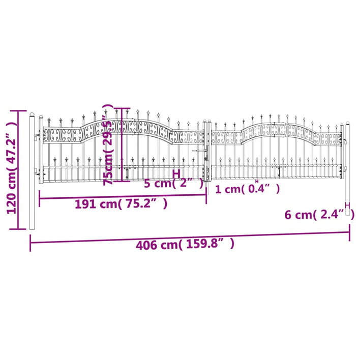 Recinzione Cancello con Punta a Lancia Nera 406x120cm Acciaio cod mxl 42759