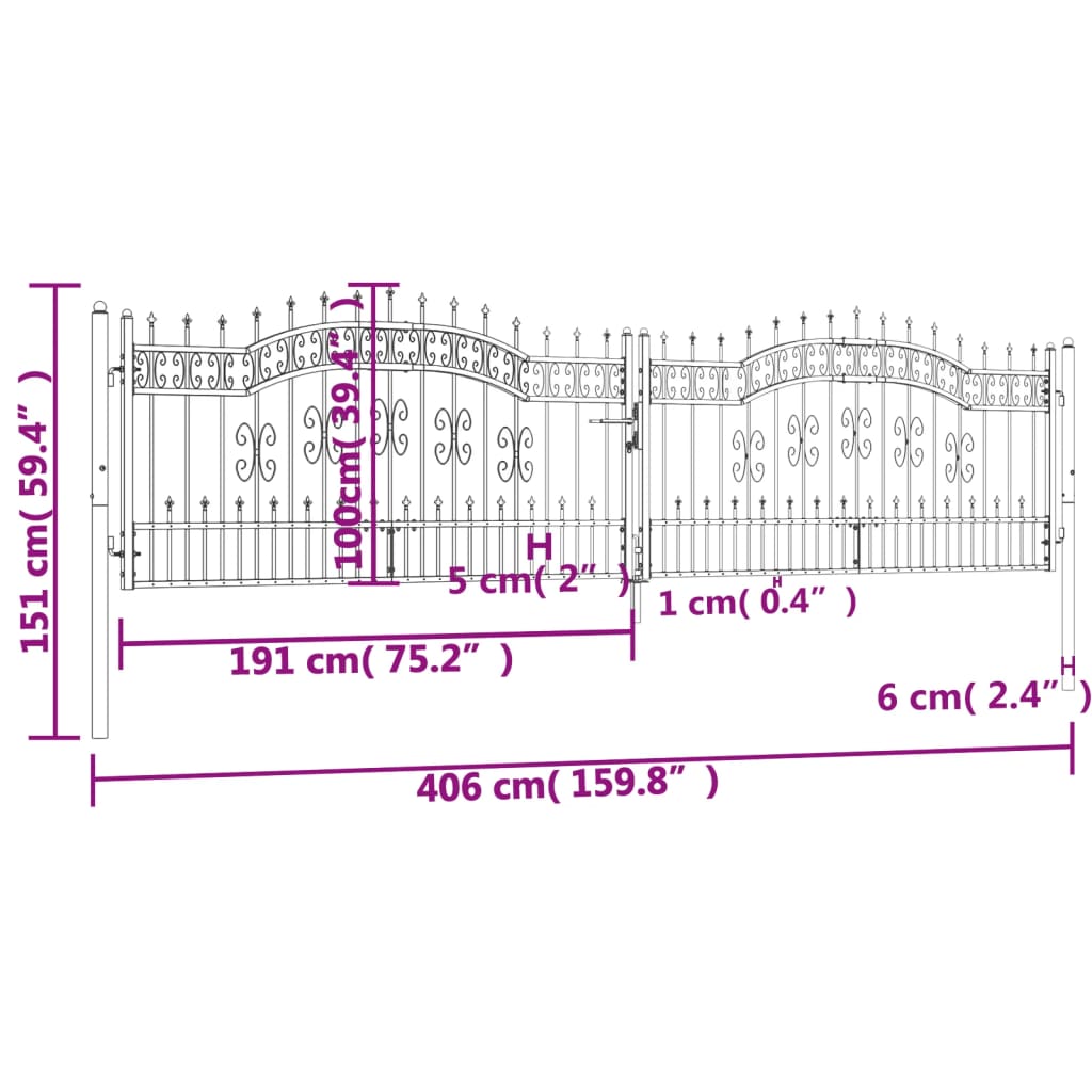 Recinzione Cancello con Punta a Lancia Nera 406x151cm Acciaio cod mxl 47808