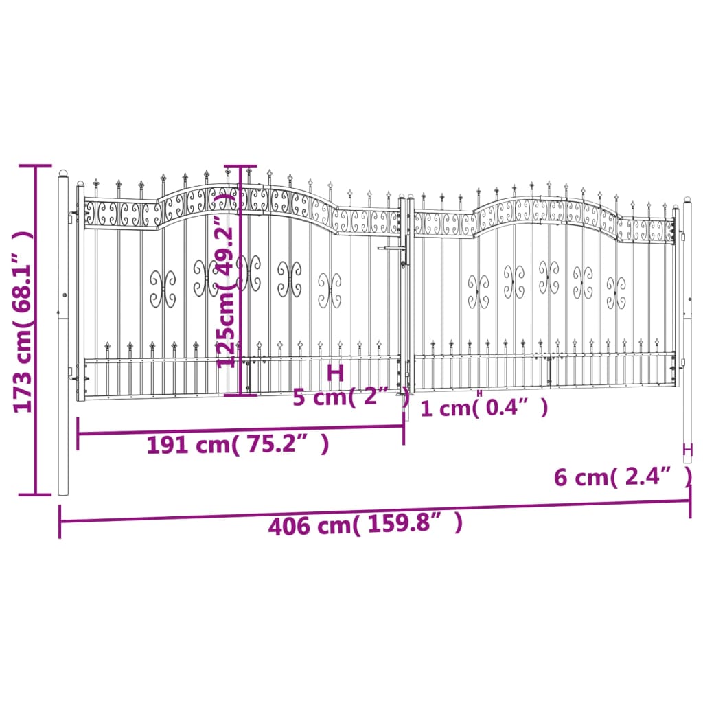 Recinzione Cancello con Punta a Lancia Nera 406x173cm Acciaio cod mxl 42793