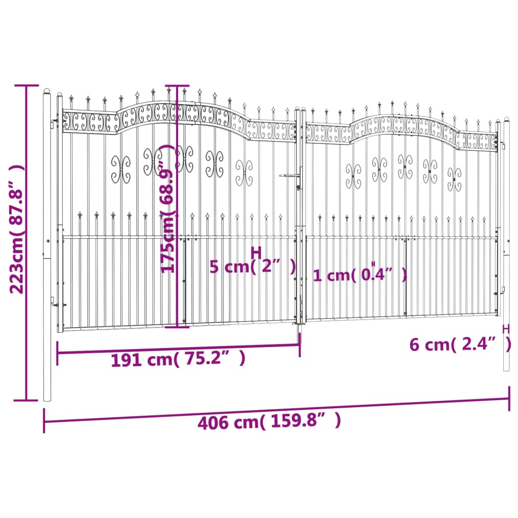 Recinzione Cancello con Punta a Lancia Nera 406x223cm Acciaio cod mxl 49221