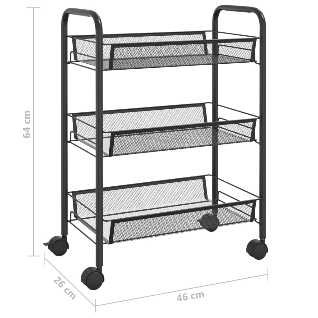 Carrello da Cucina con 3 Ripiani Nero 46x26x64 cm in Ferro 336322