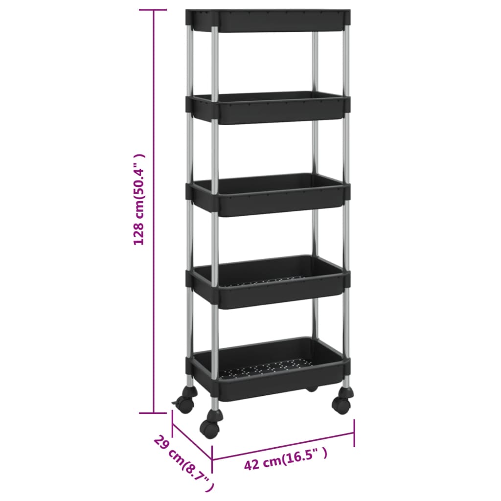 Carrello da Cucina 5 Ripiani Nero 42x29x128 cm Ferro e ABS 336331