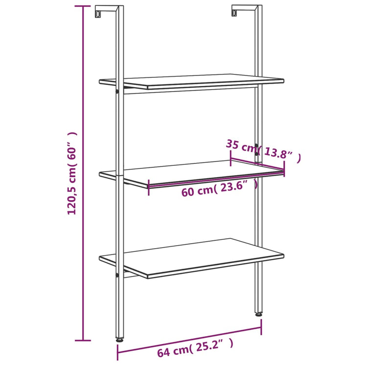 Scaffale Pendente 3 Livelli Marrone Scuro e Nero 64x35x120,5 cm