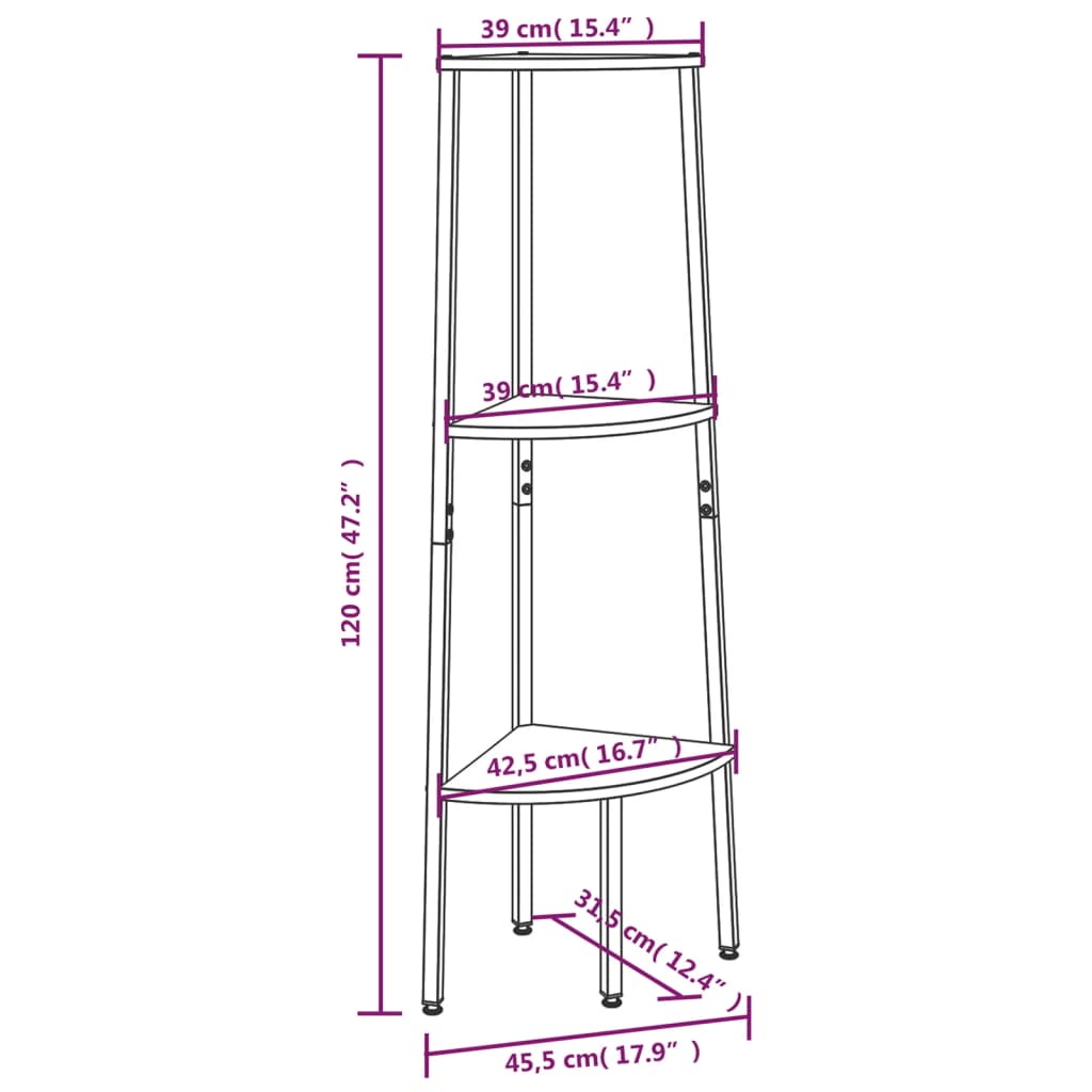 Scaffale Angolare 3 Livelli Marrone Chiaro Nero 45,5x31,5x120cm