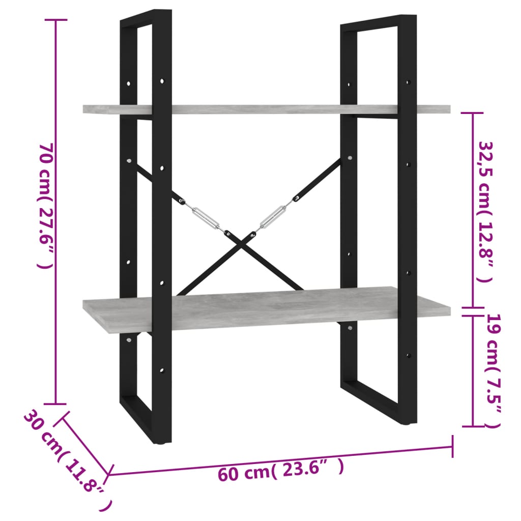 Libreria a 2 Ripiani Grigio Cemento 60x30x70 cm in Truciolato 806431